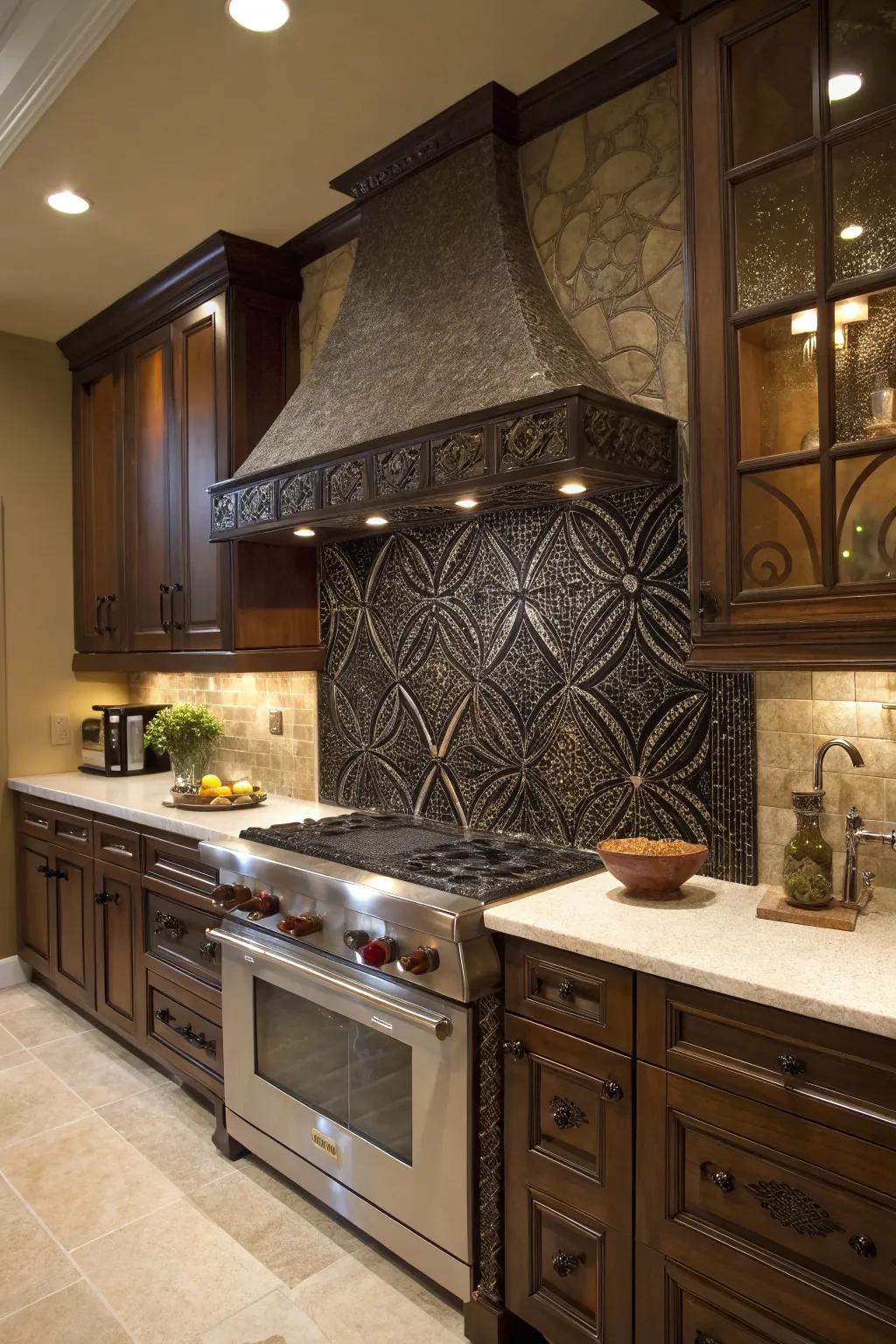 A chic kitchen featuring a stunning shadowy mosaic as an artistic centerpiece.