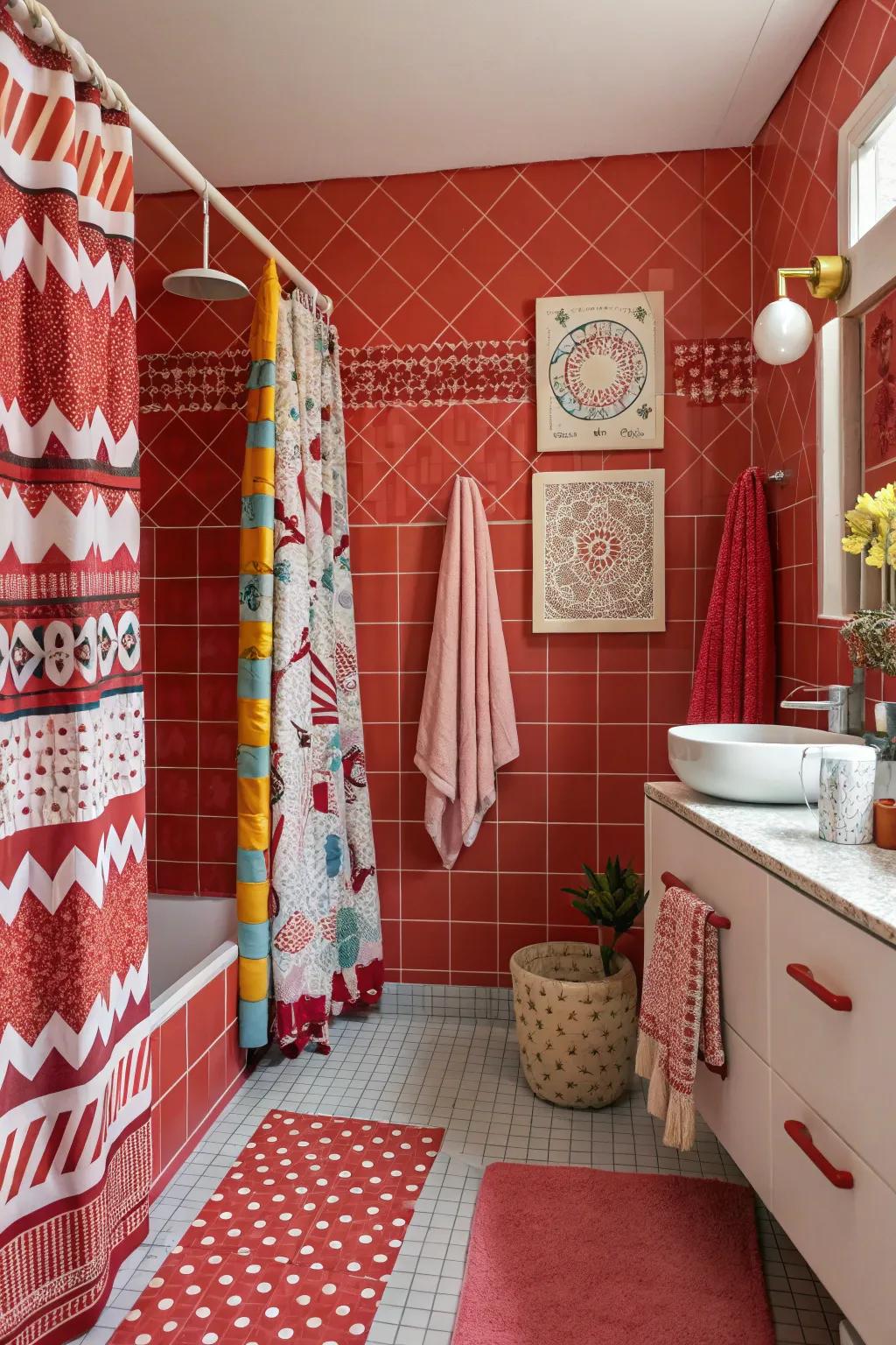 Varied crimson compositions deliver playfulness and inventiveness to your bathroom.