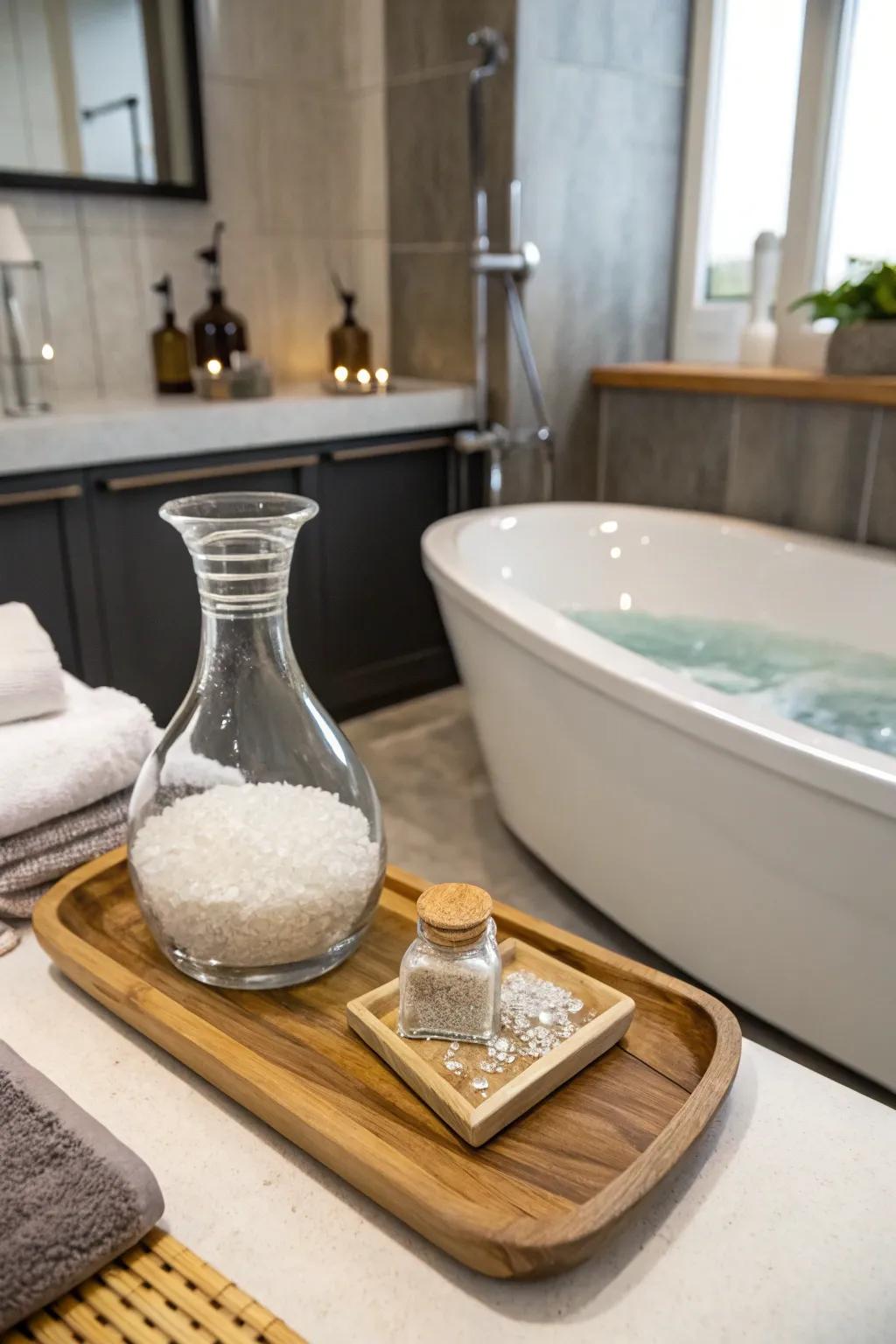 A bathroom featuring a carafe used to hold soaking salts.