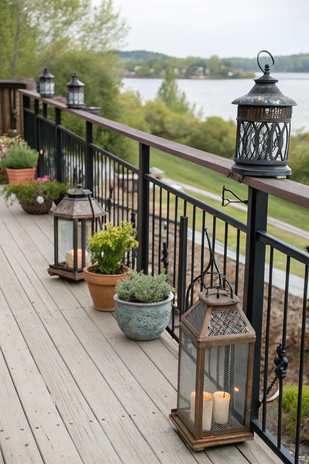 Black railings combined with vintage accessories offer a nostalgic and charming aesthetic.