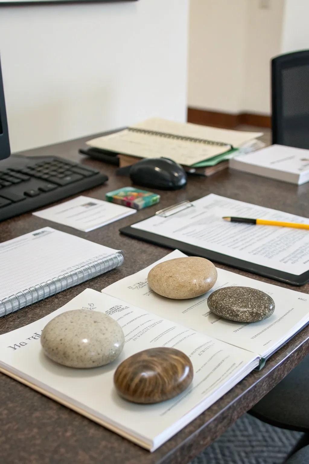 Incorporate organic elegance to your desk using stone paperweights.