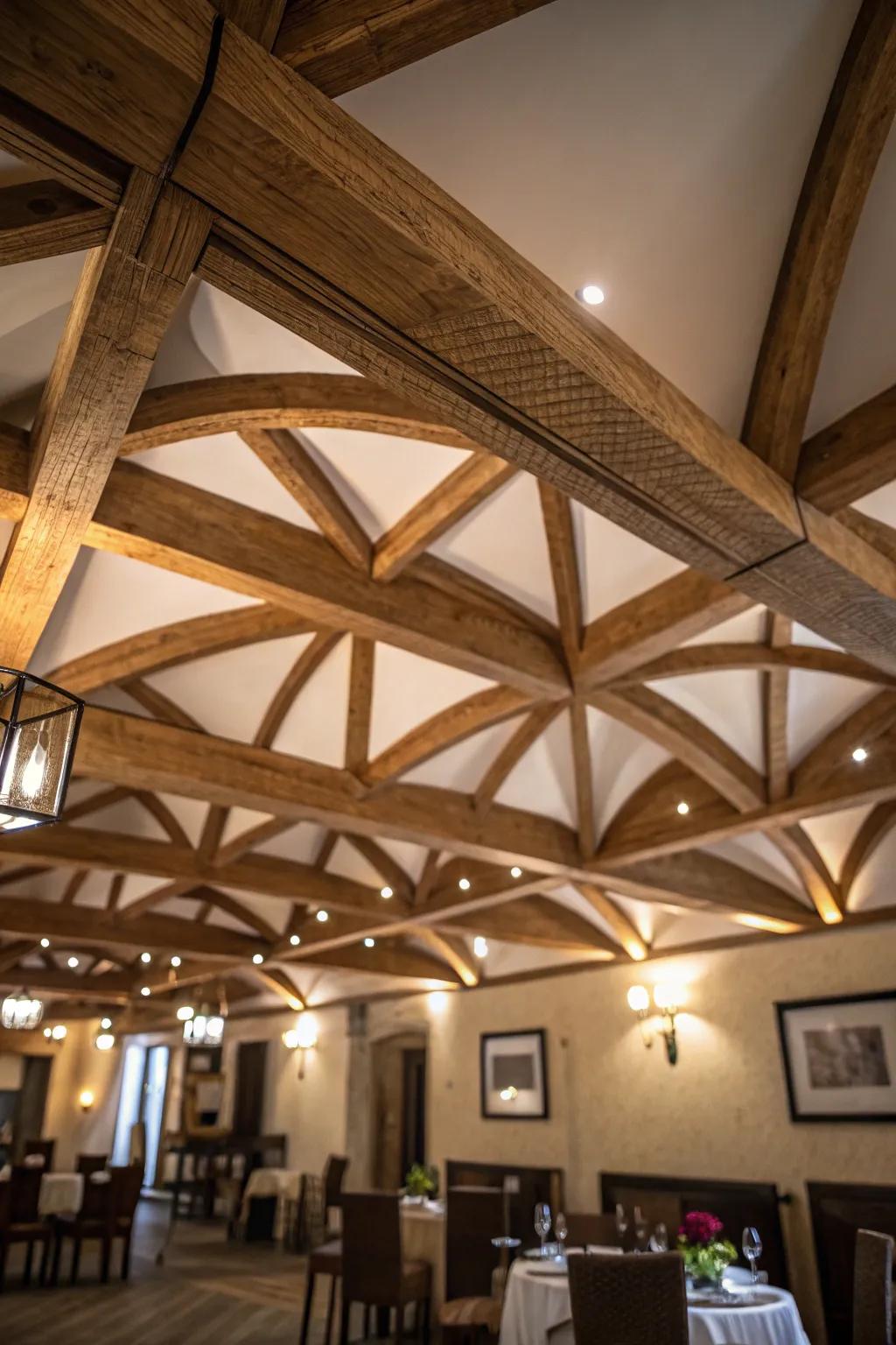 Any ceiling is given a distinctive touch with creative beam arrangements.