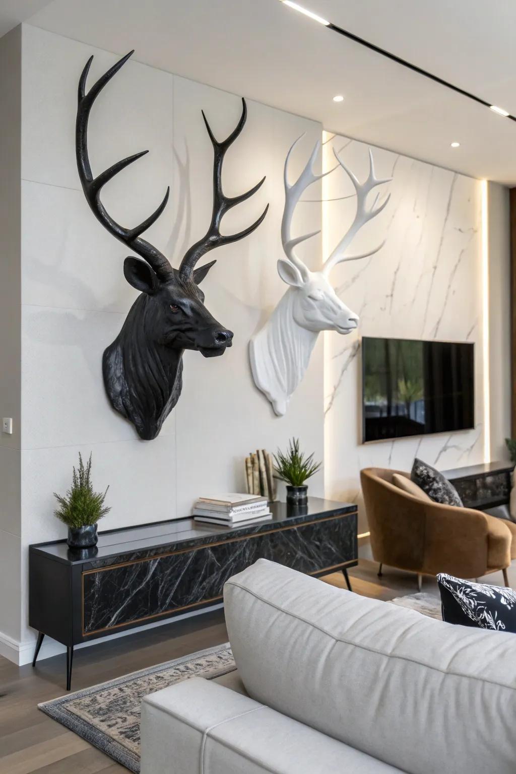 Single shade pigmented deer antlers blend seamlessly into a contemporary home setting.