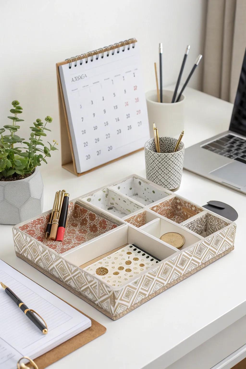 Decorative trays for a stylishly arranged desk.