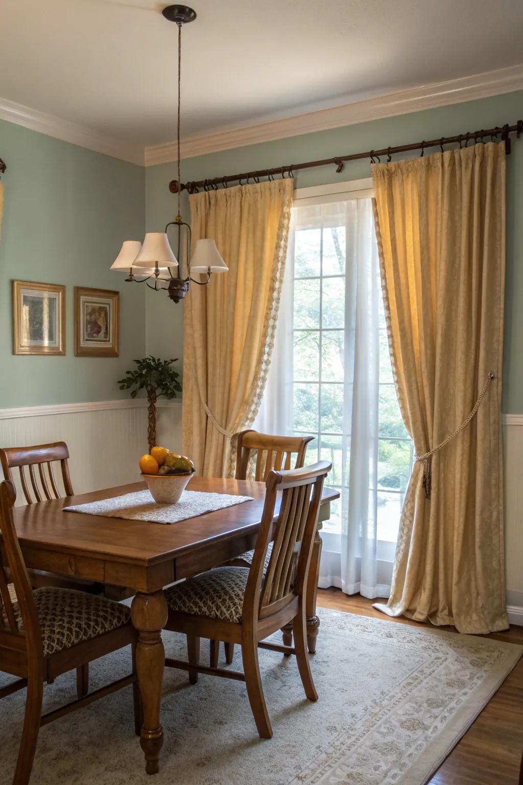 Window dressings matching wall color for seamless continuity.