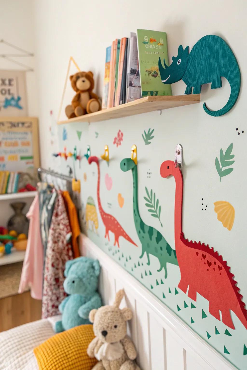 Dinosaur-themed wall hooks adding fun and function to the space.