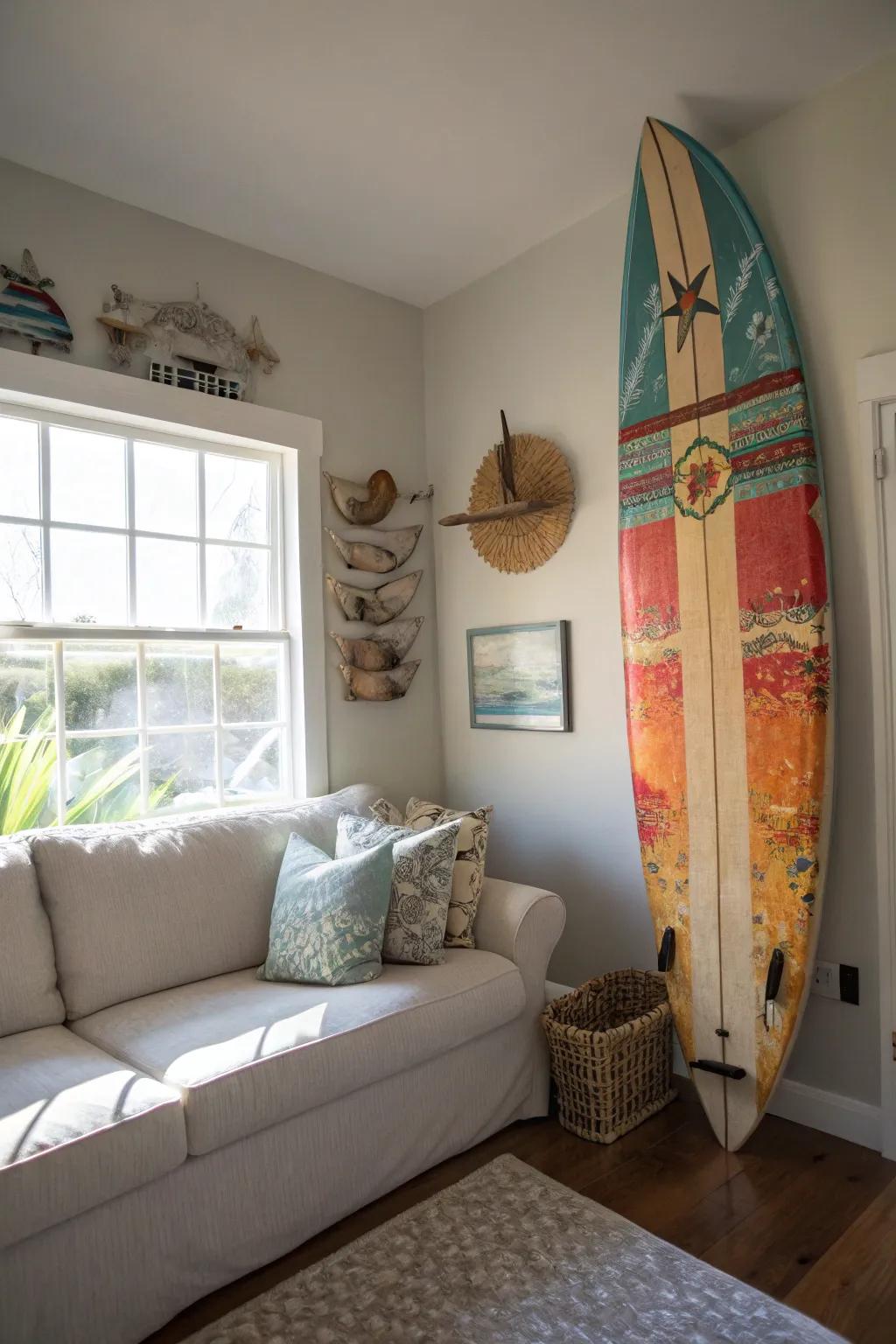 Unexpected items like surfboards turn into standout decor.