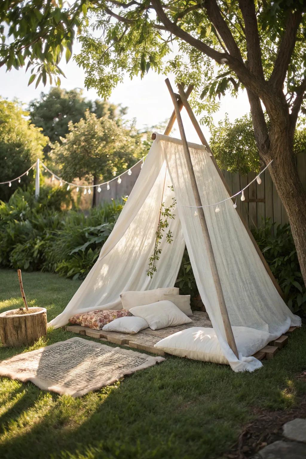 Embrace the gentle sway of summer with a self-made tent that captures the essence of simplicity and natural beauty.