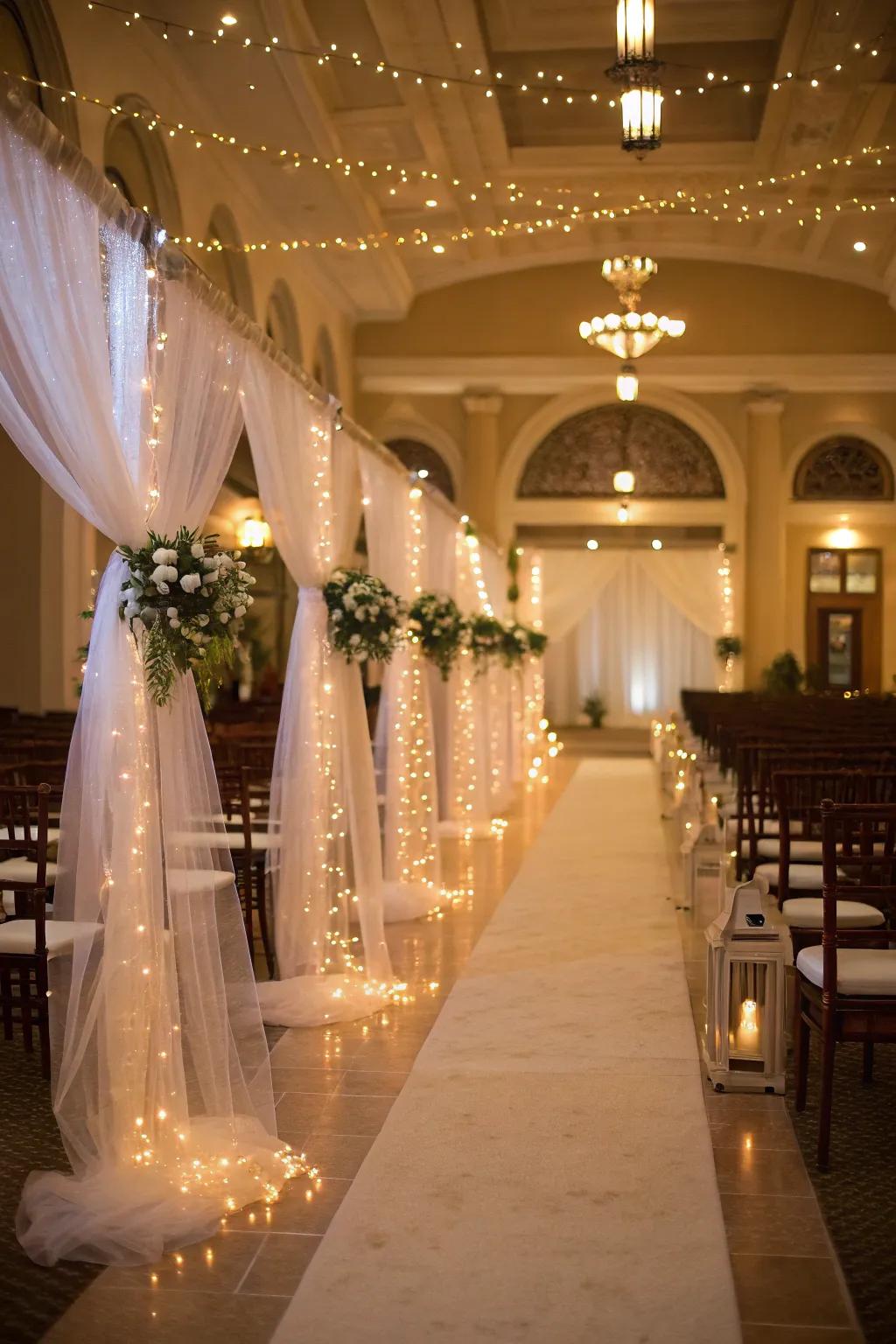 Netting and twinkle lights unite for a dreamy and luminous path.