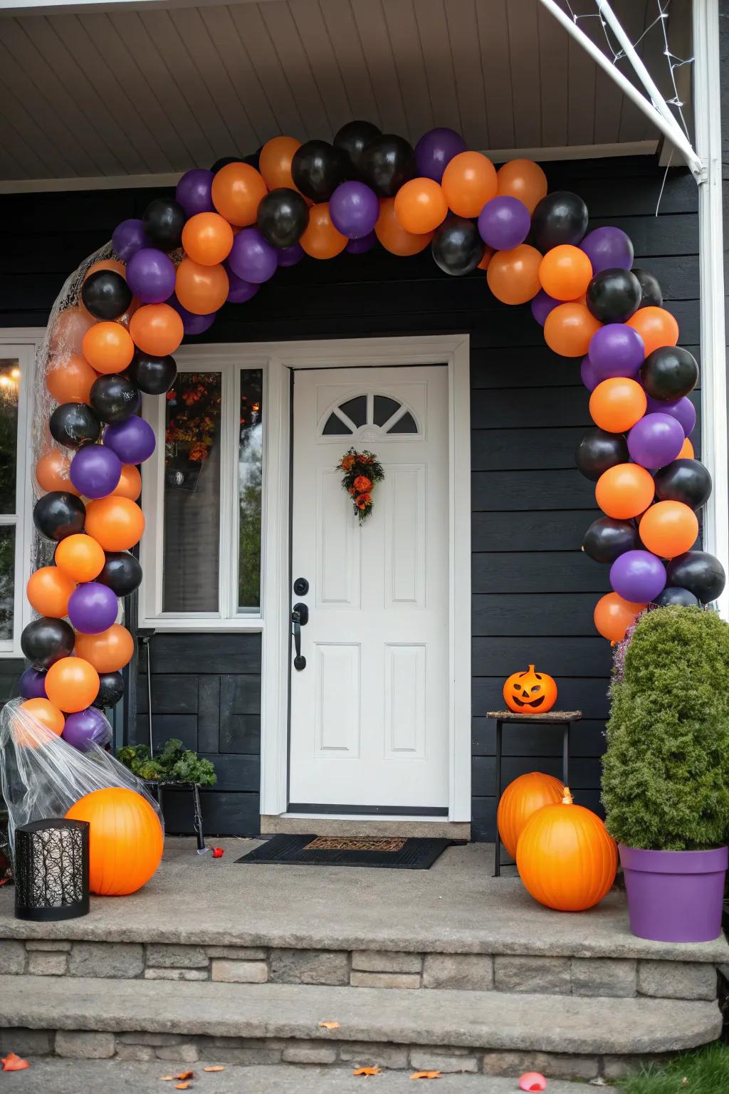 A vibrant balloon arch welcomes visitors with All Hallow's Eve cheer.