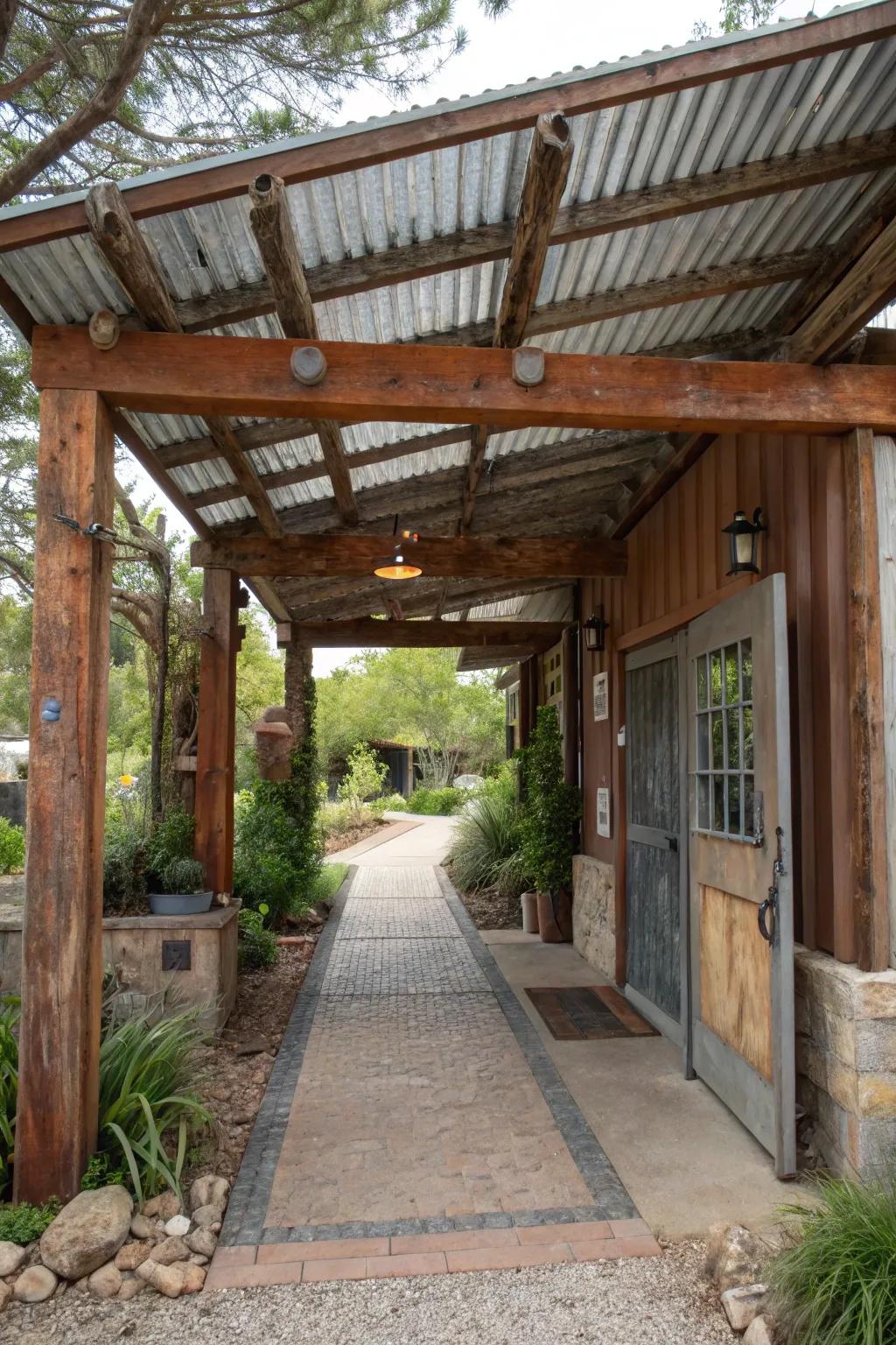 An entrance with a shelter made from reused stuff.