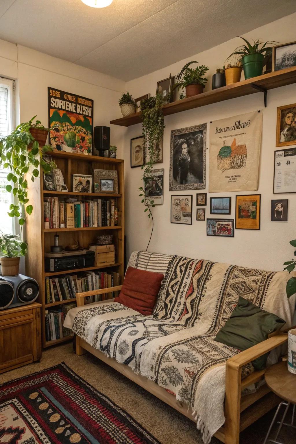 A vintage sofa adding charm and personality to this unique dorm room.