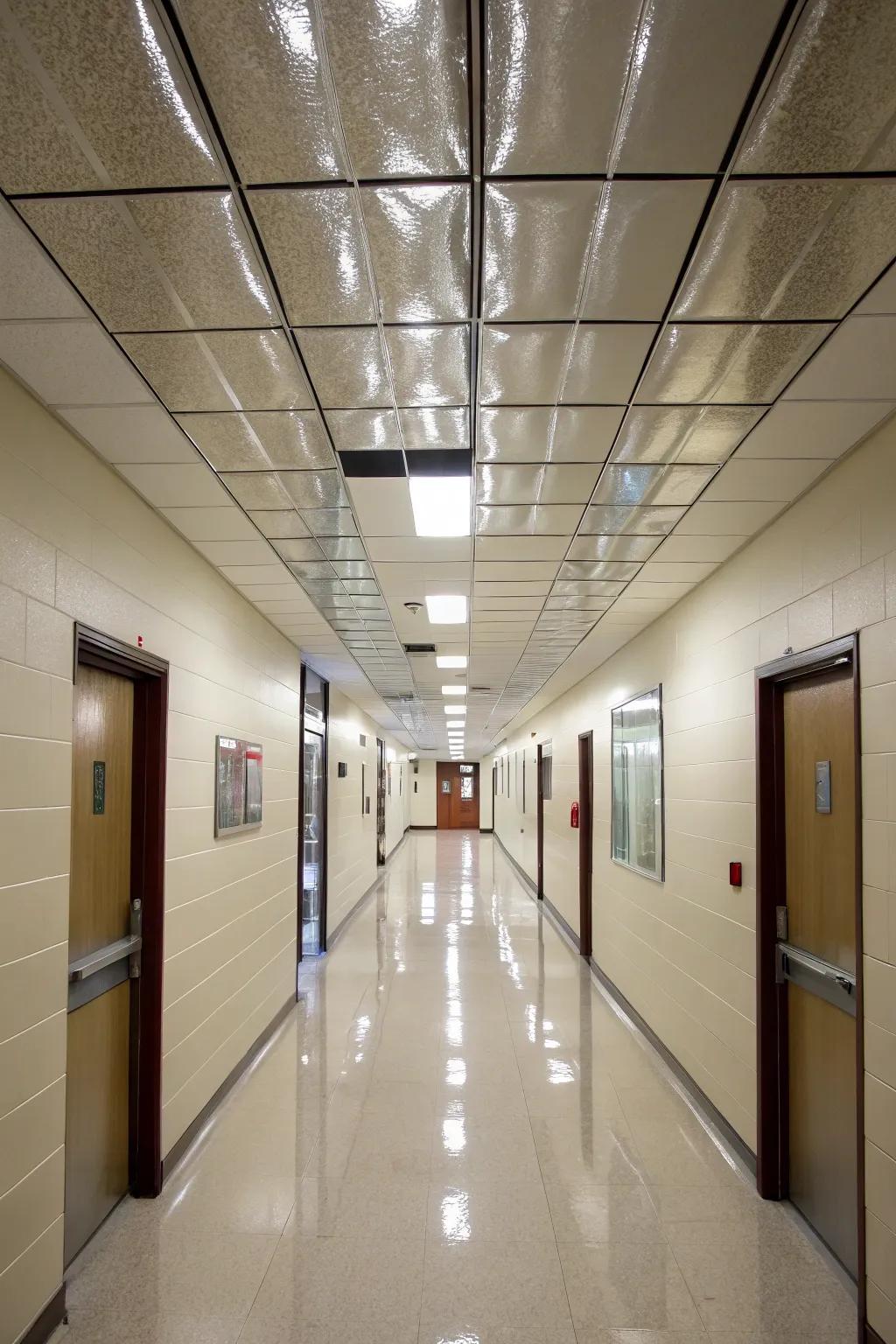 Elevate brightness in spaces through light-enhancing ceiling squares.
