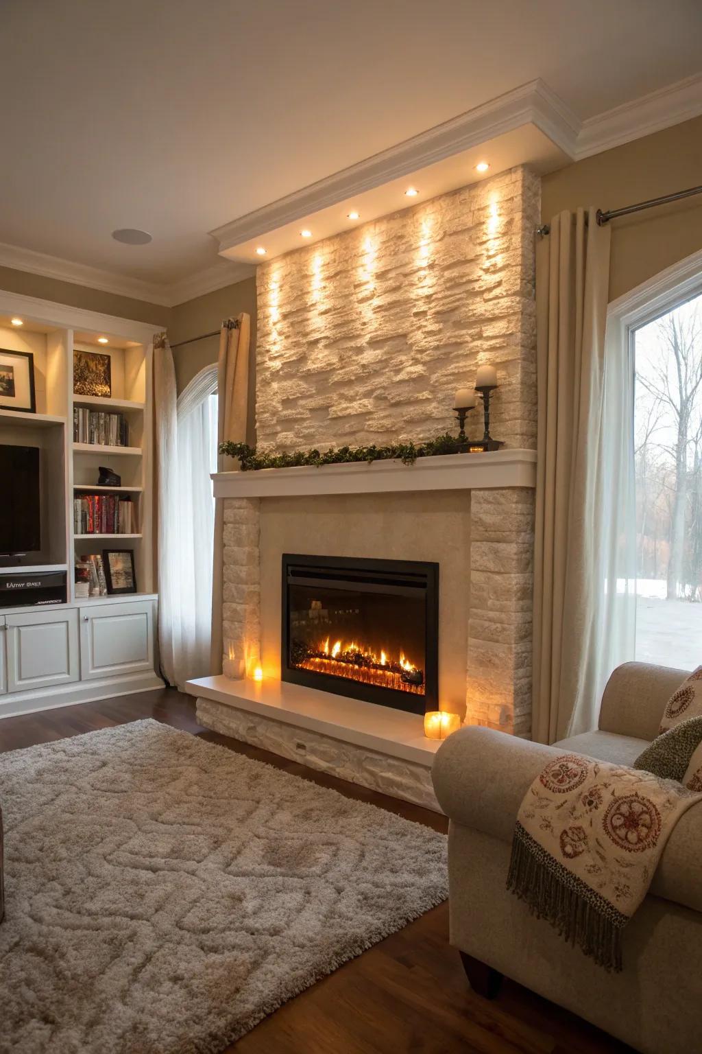 Light-emitting diodes accentuate the features of a plasterboard hearth.