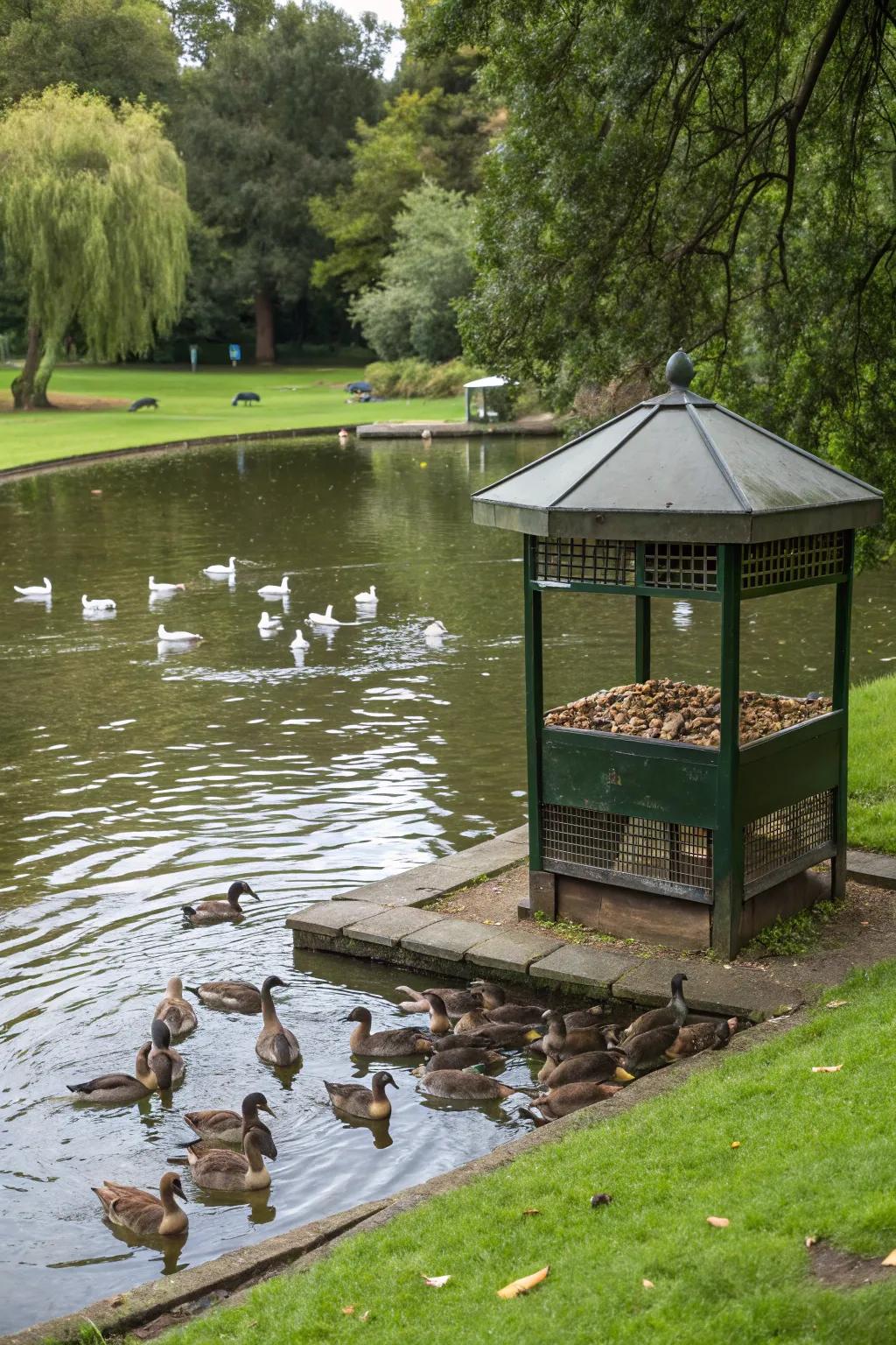 A feeding location encourages ducks to visit and linger by the pond.