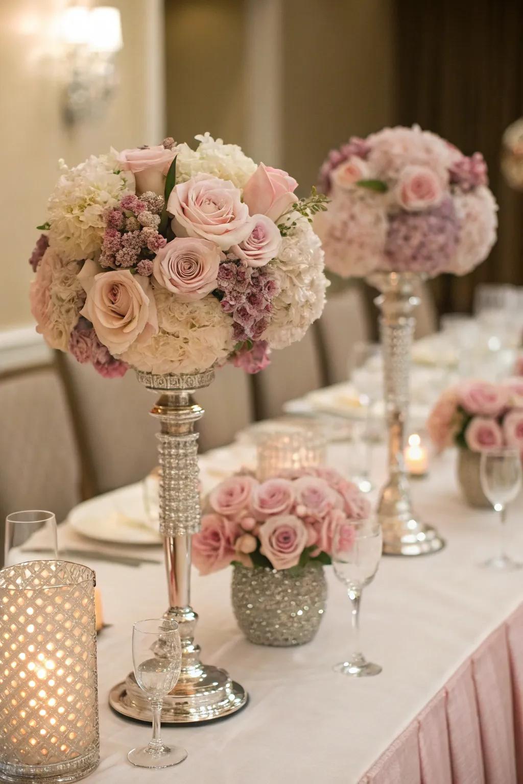 Striking misty rose and crystal core decorations.