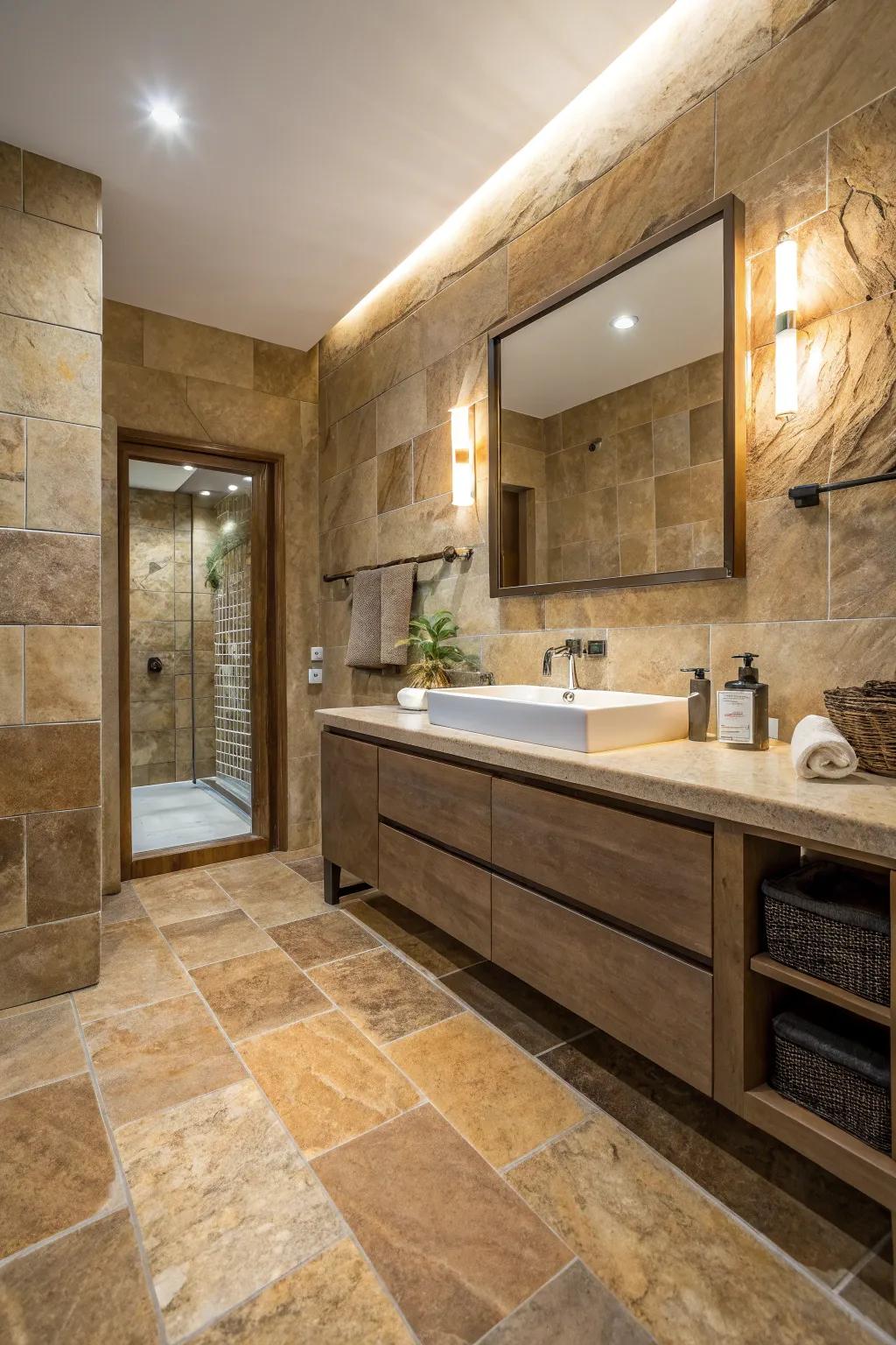 Sandstone-look tiles offer natural beauty with easy maintenance.