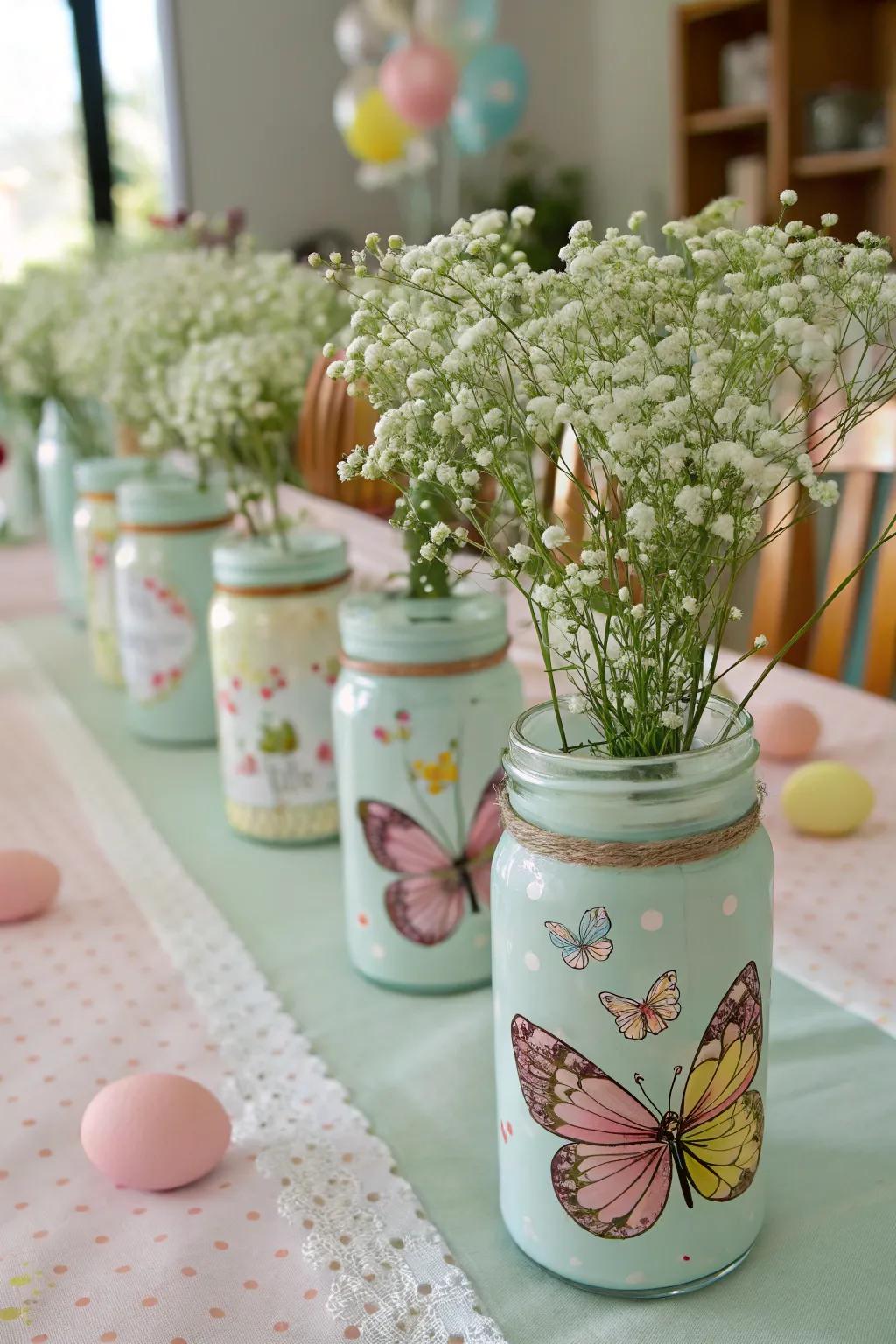 Breath of spring nestled within glass jars conceives a fragile and charming focal point.