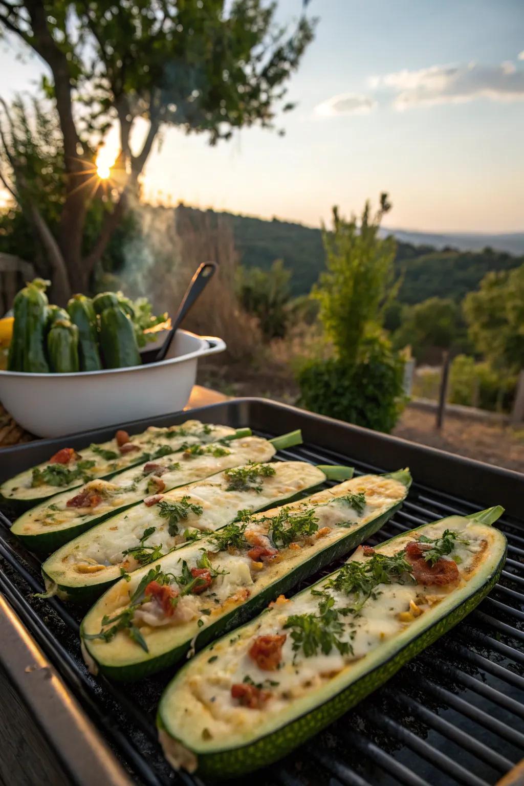 Cheesy, herb-filled zucchini boats on the grill.