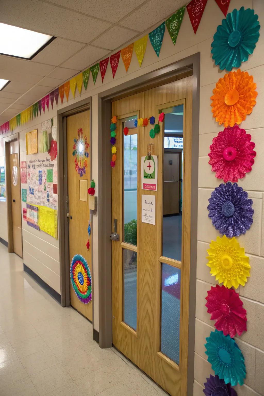 Springtime glimmer catchers bring a magical glow to this classroom entrance, capturing light beautifully.