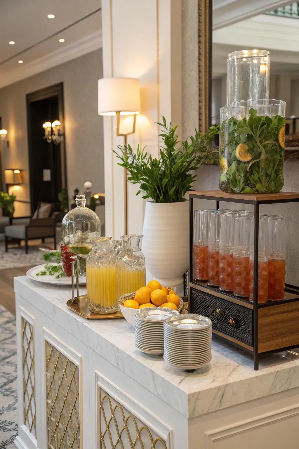 Elegant drink station with stylish glassware.