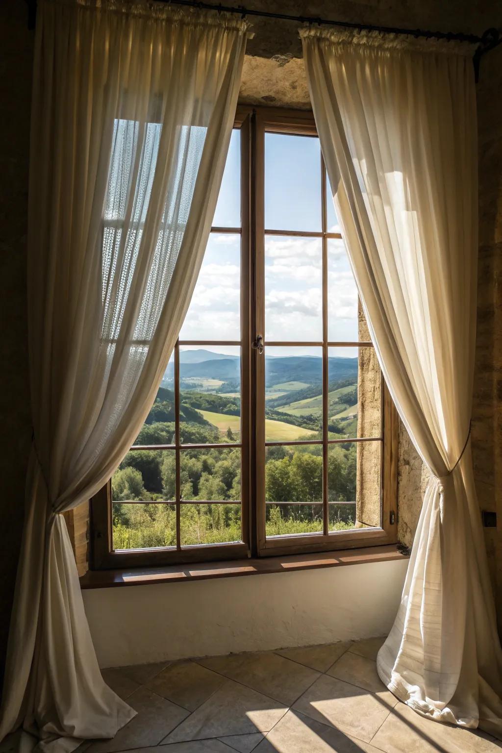 Employ curtains to frame the vista, thereby fabricating a composition of artistic caliber.