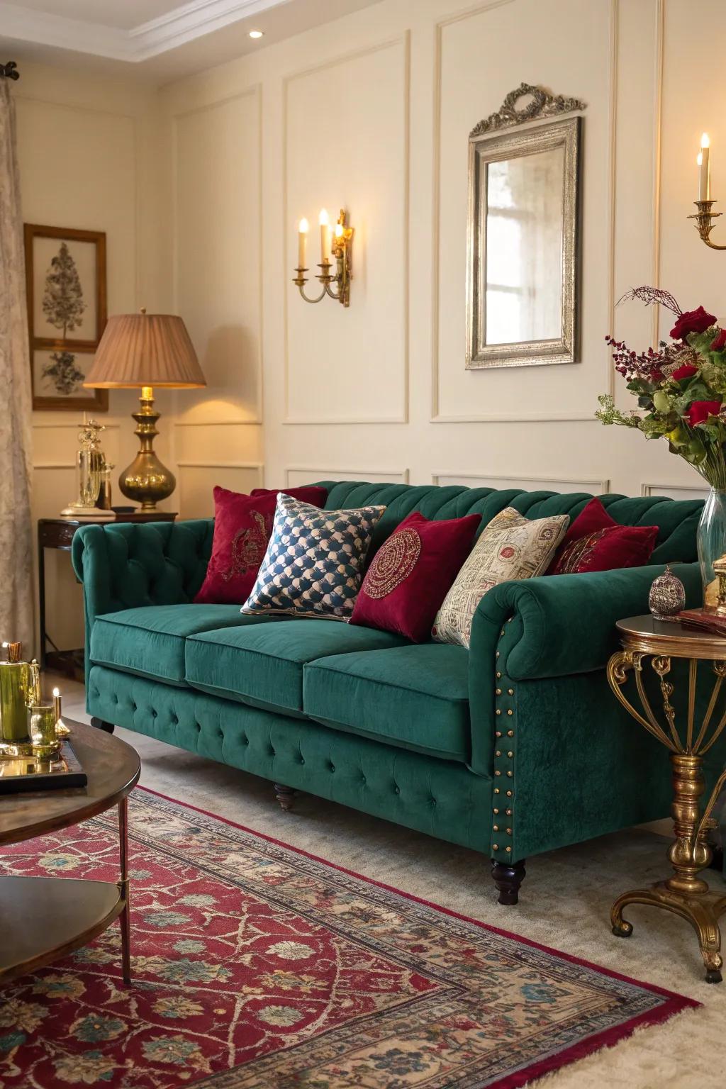 The emerald sofa is amplified by the use of bold jewel tones.