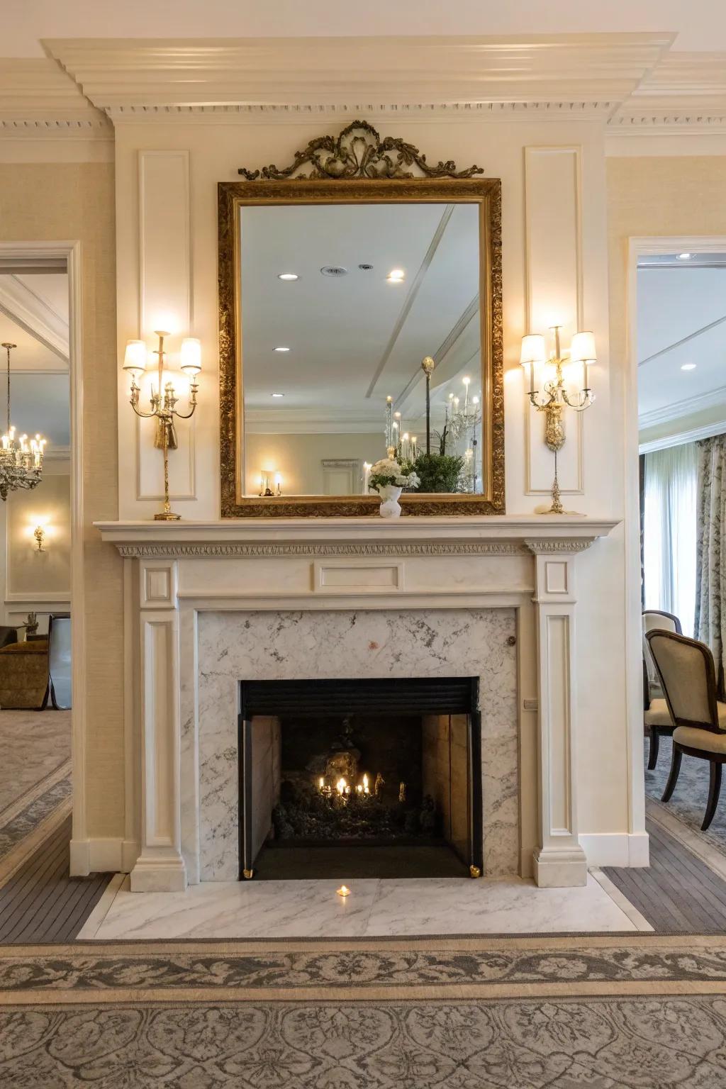 Incorporate appeal through a reflective surface positioned in your fireplace.