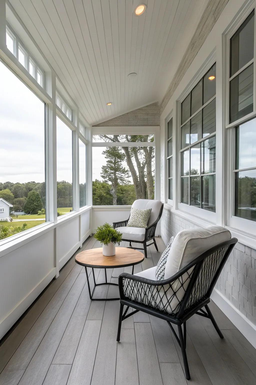 Modern minimalist design on an enclosed deck.
