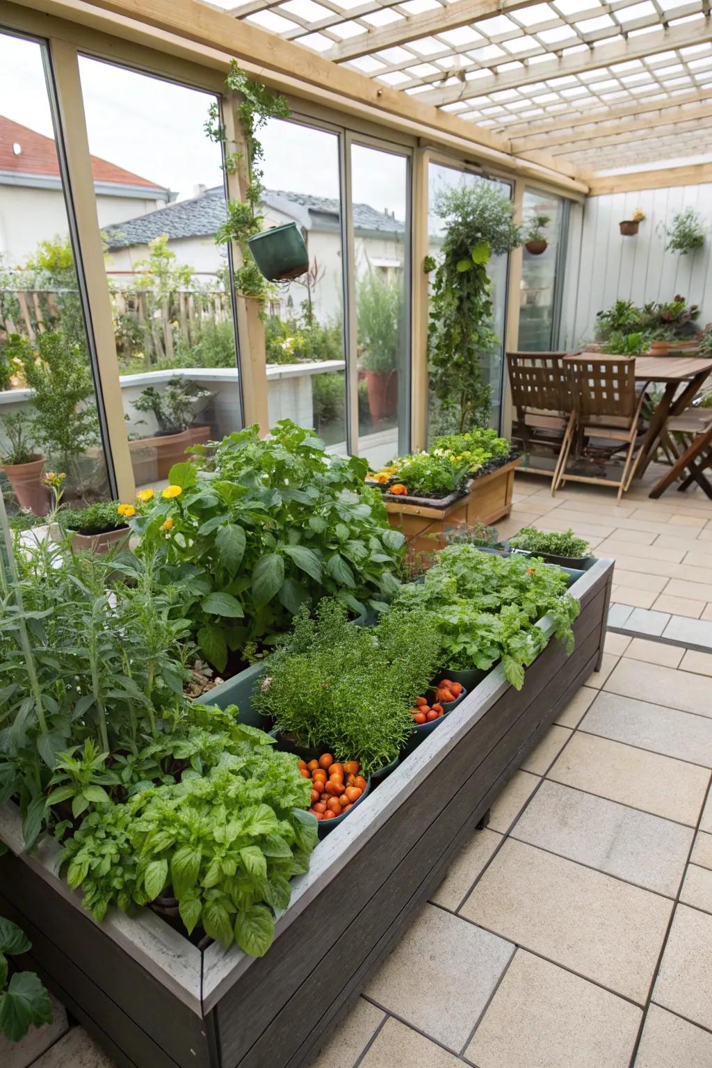 A thriving mini garden on the patio, excellent for fresh homegrown produce.