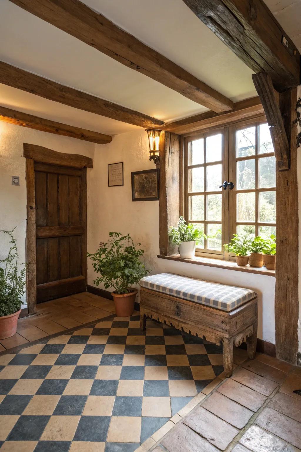 Rustic elements bring warmth and character to the entryway.