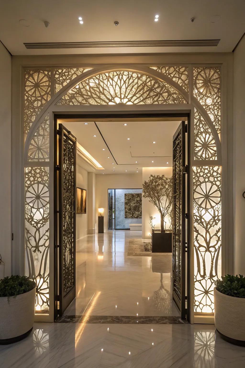 An entryway with an artistic lighting installation that creates a gallery-esque atmosphere.
