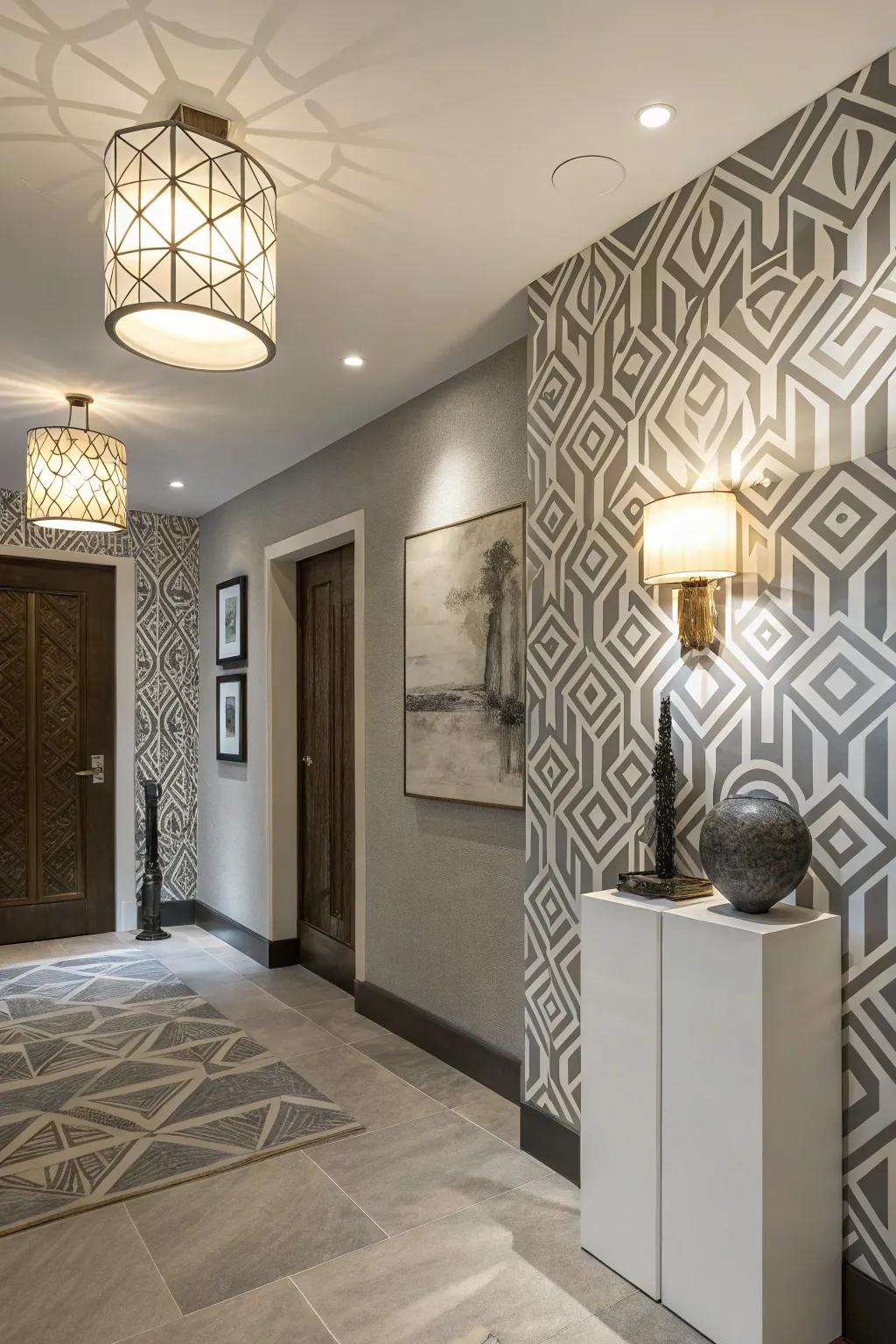 Inspiring entryway with abstract wallpaper for a creative touch.