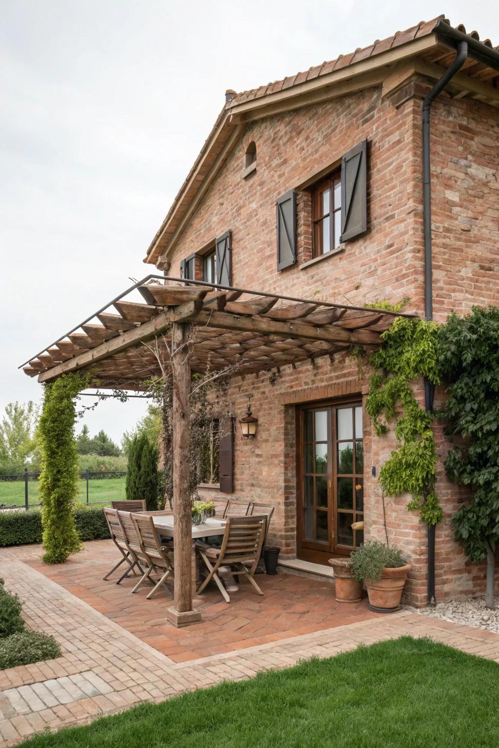 A pergola offers a charming outdoor retreat.