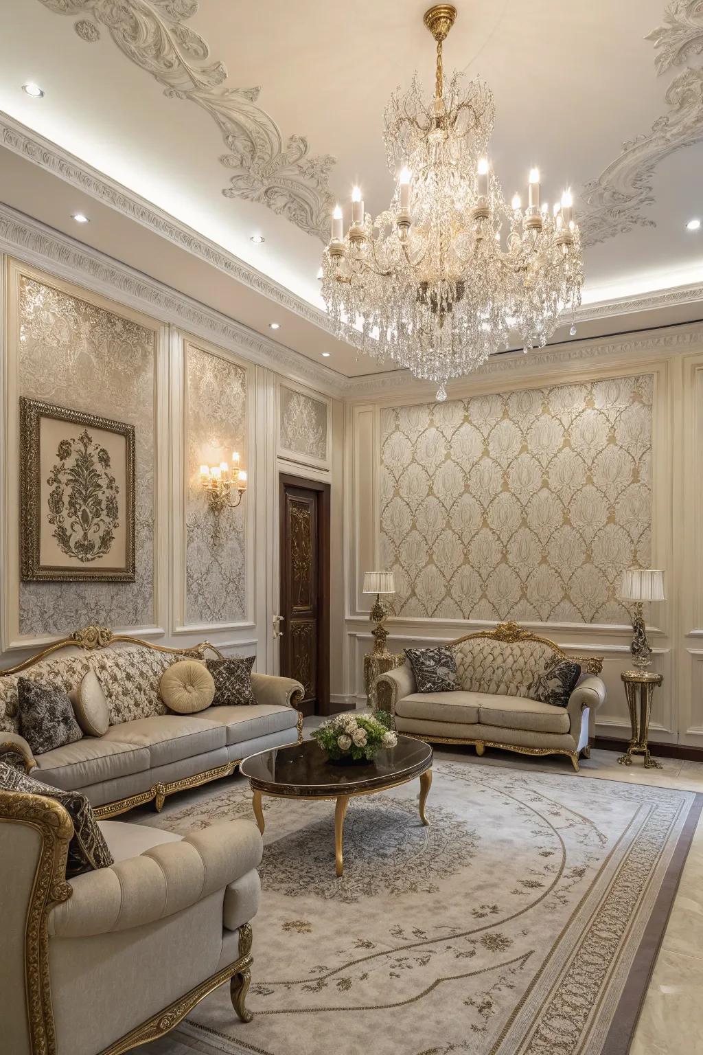 Refined brocade patterns in fabric wallpaper offer a regal touch.