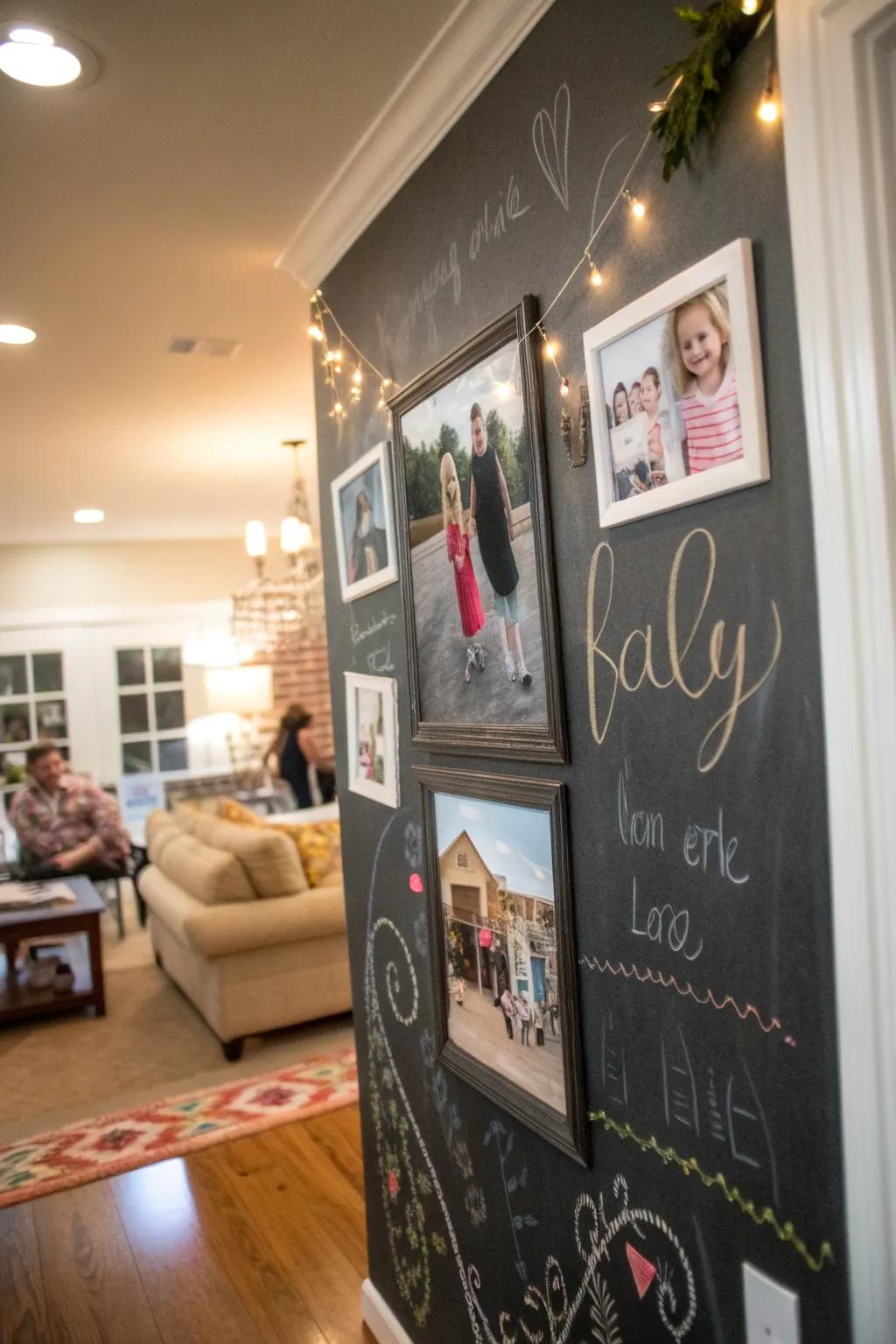 Interactive chalkboard wall enhances fun.