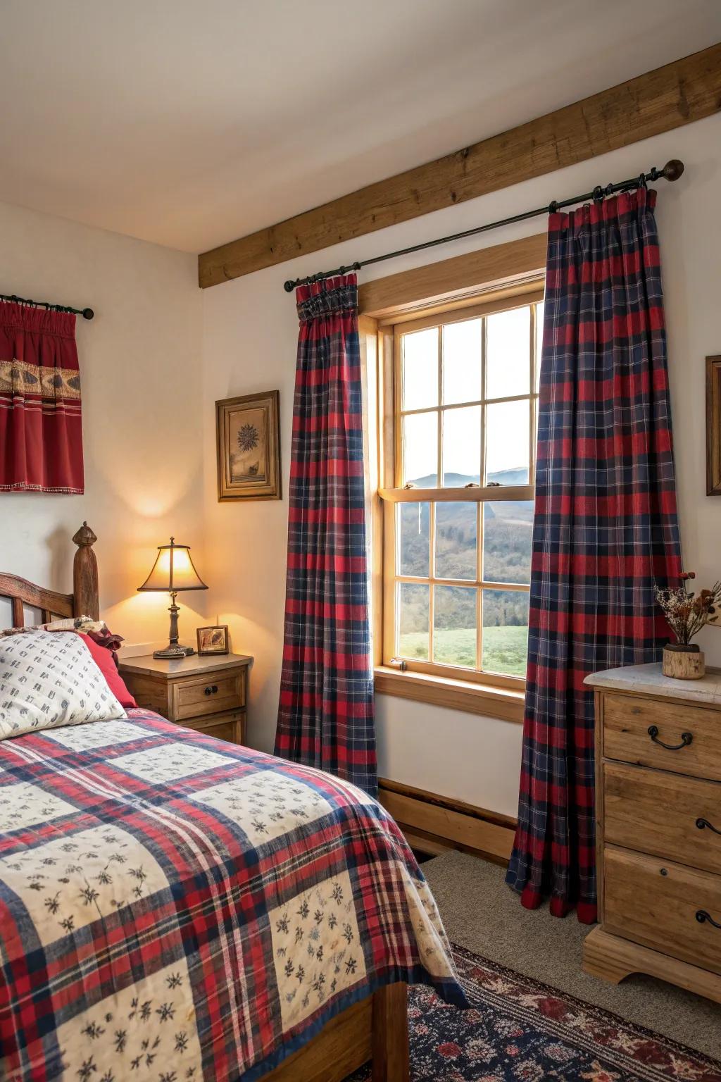 Plaid curtains bringing warmth and nostalgia to a cozy farmhouse bedroom.