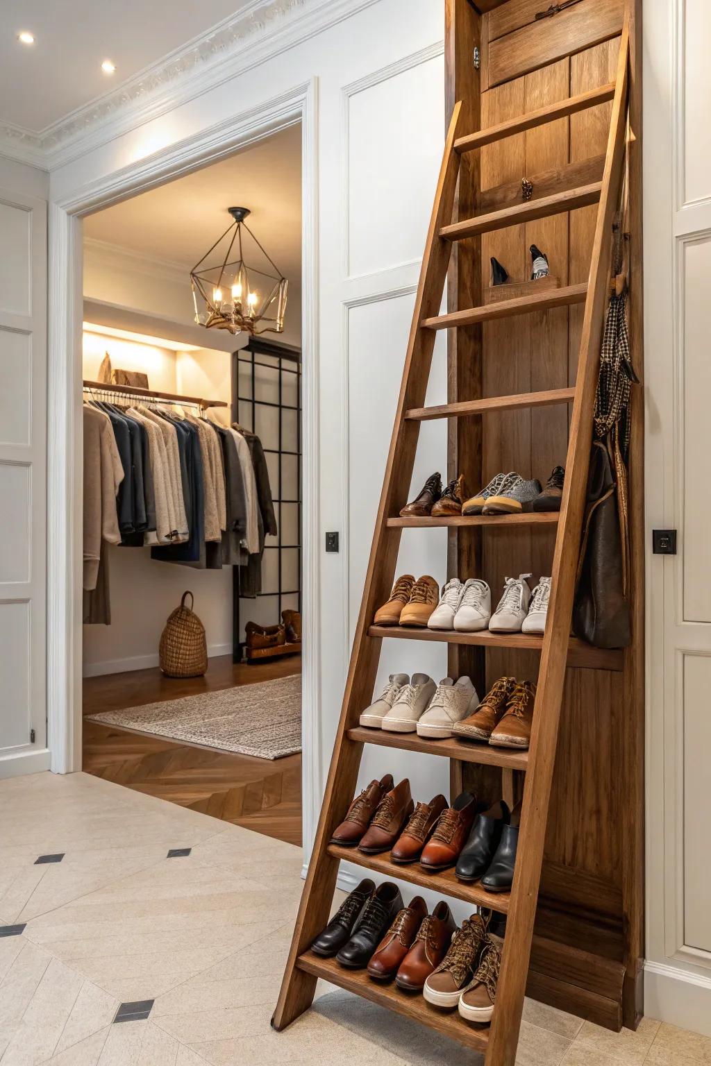 An innovative shoe storage solution utilizing a rustic ladder