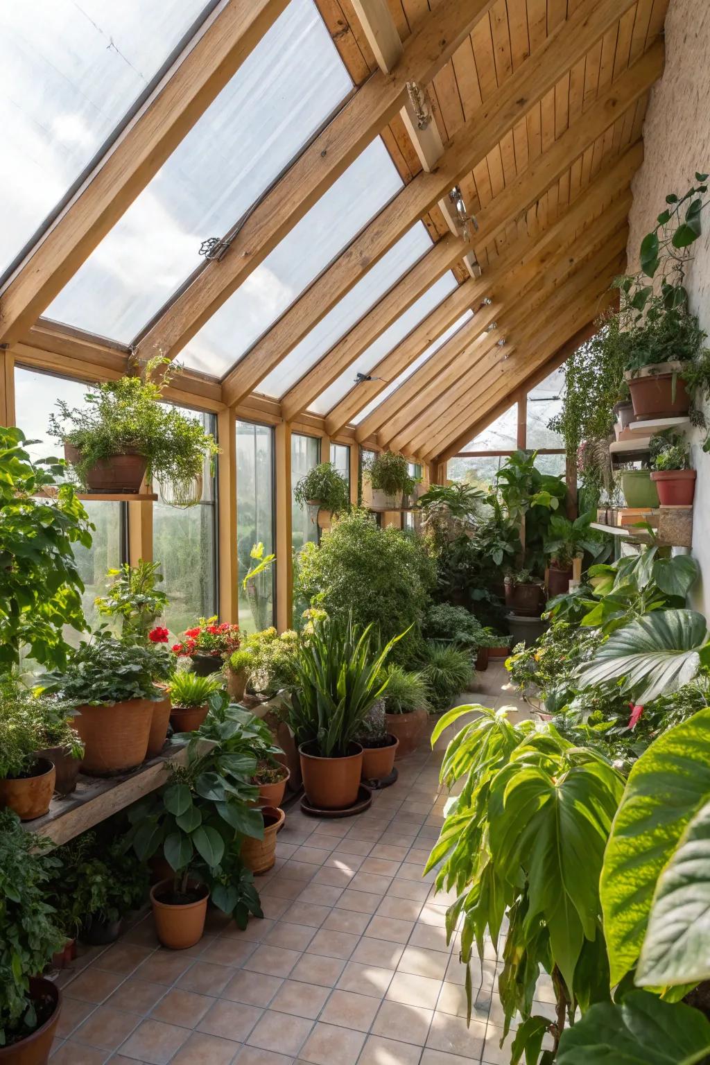 A lush attic greenhouse offering a botanical retreat.