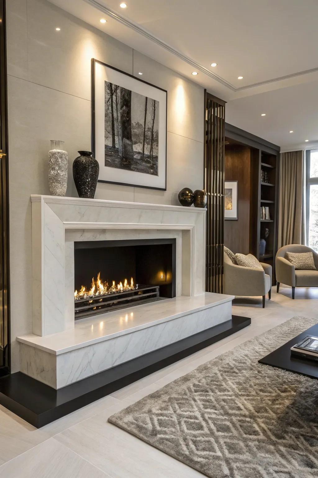 Modern ornaments add charm and sophistication to the fireplace.
