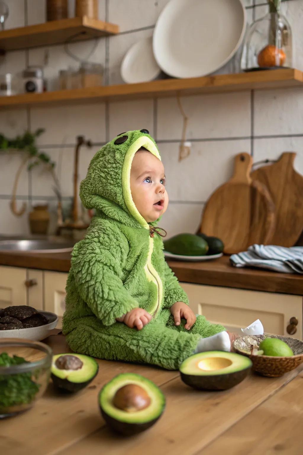 A peculiar alligator pear attire for a delightful inaugural Halloween.