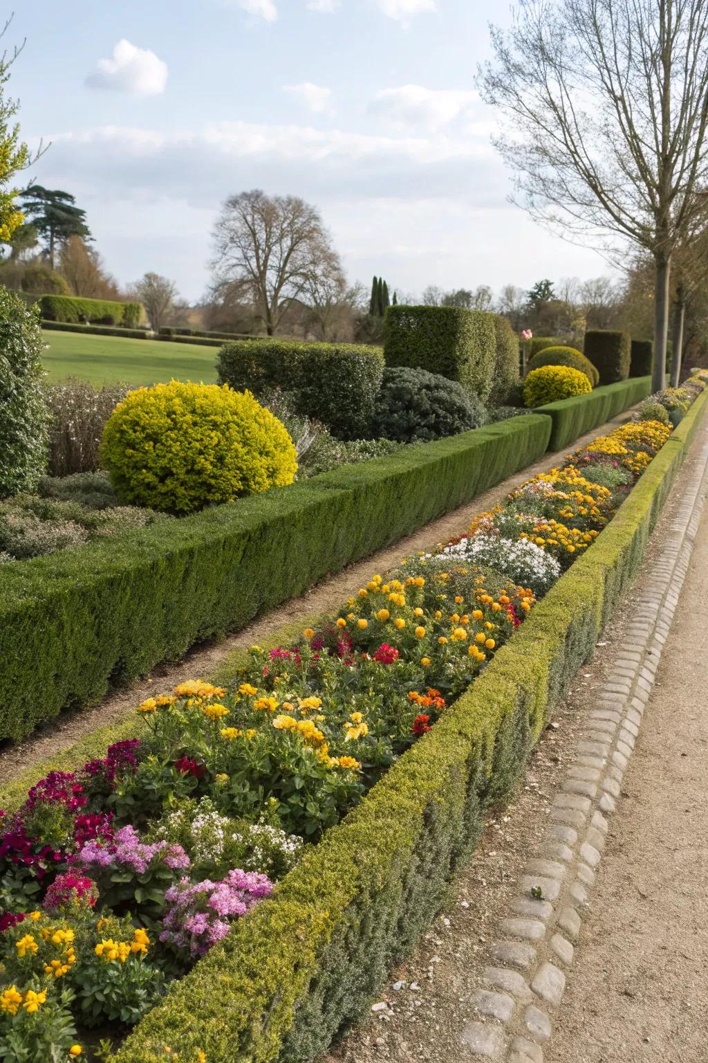A neat and structured flower border featuring formal edging with boxwood hedges.