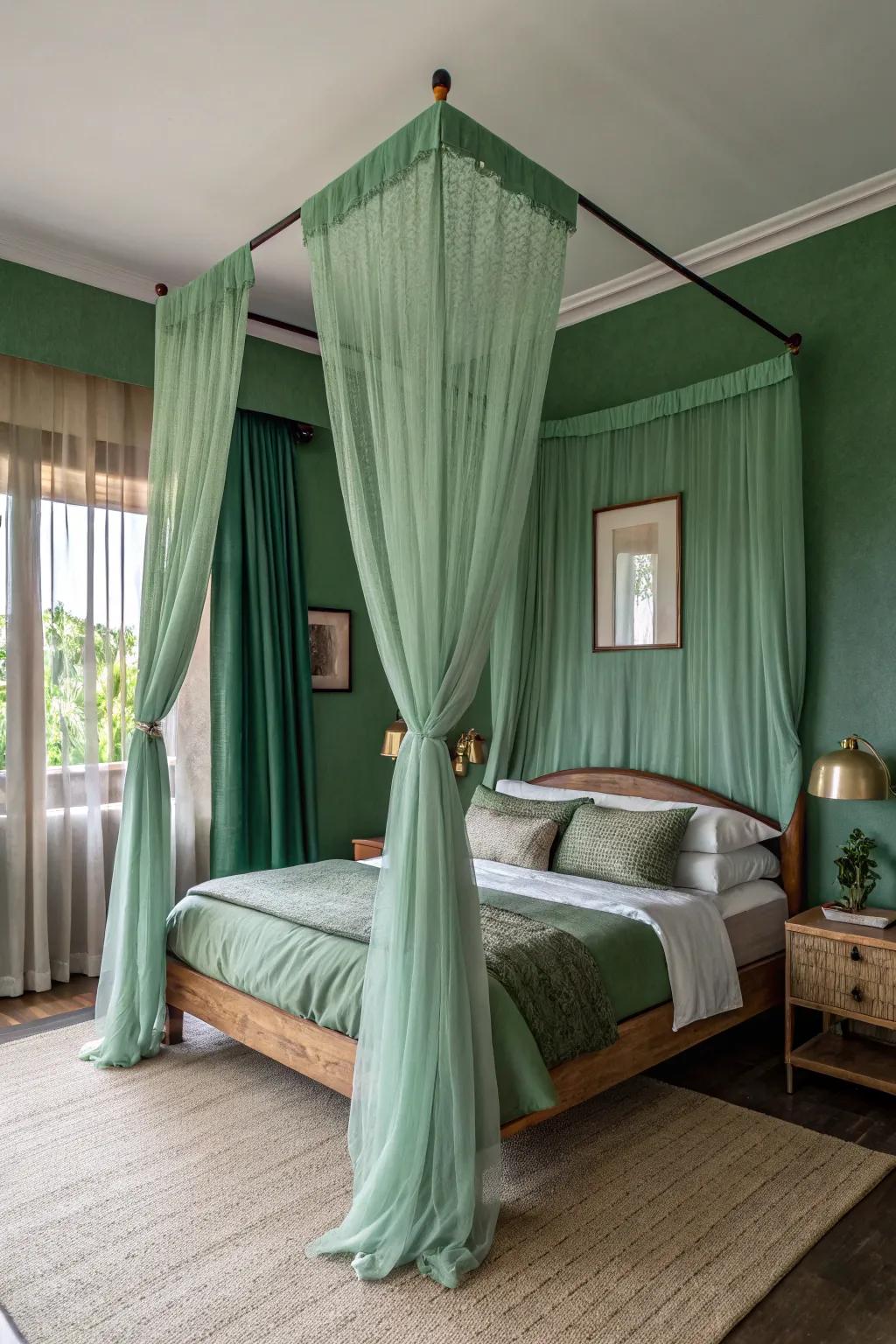 A bed that drapes green adds coziness to the room.