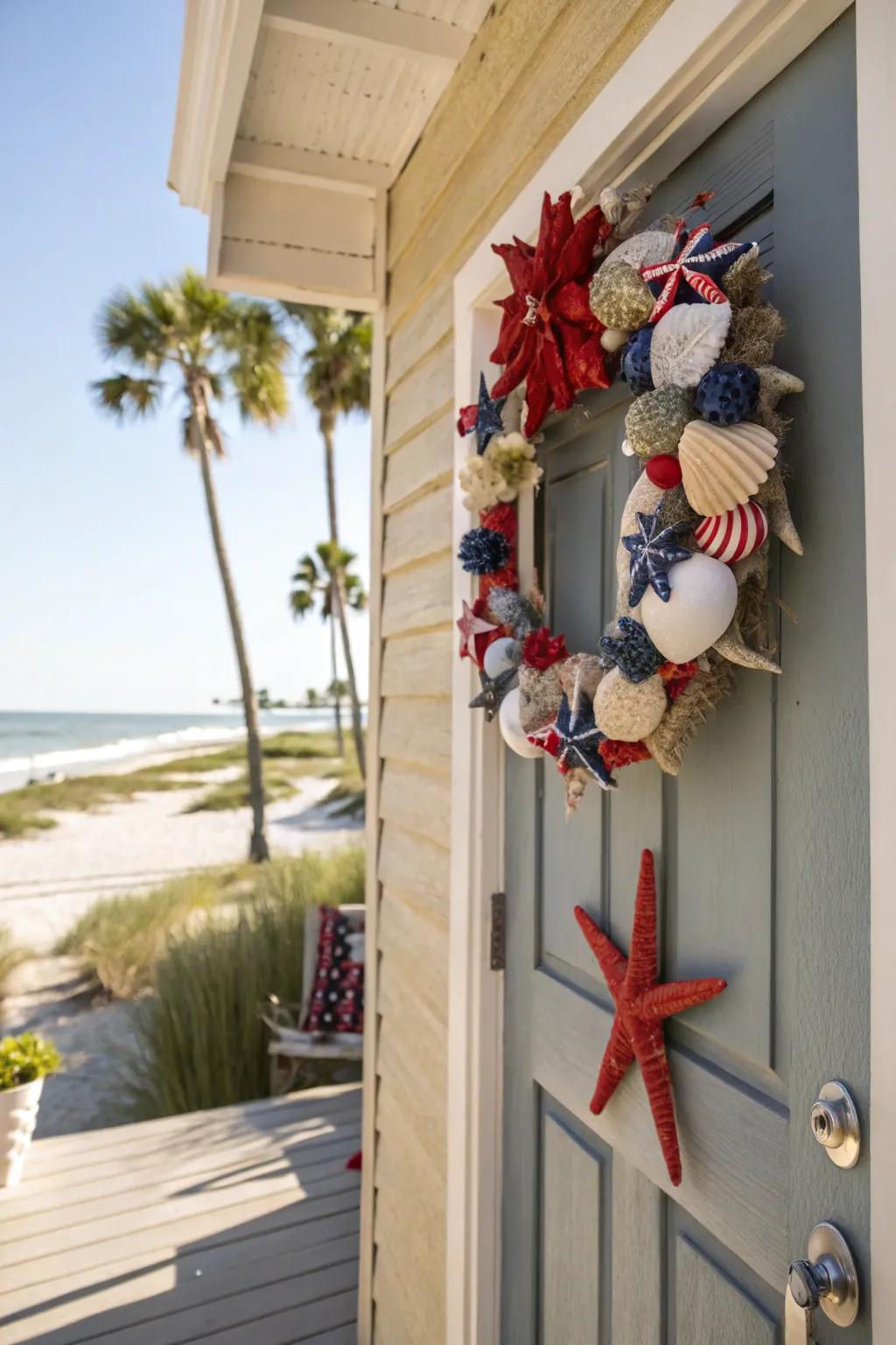 A coastal-inspired wreath with seashells and patriotic flair.