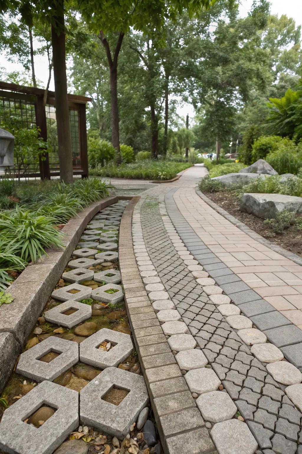A sustainable path employing permeable pavers for nature-minded design.