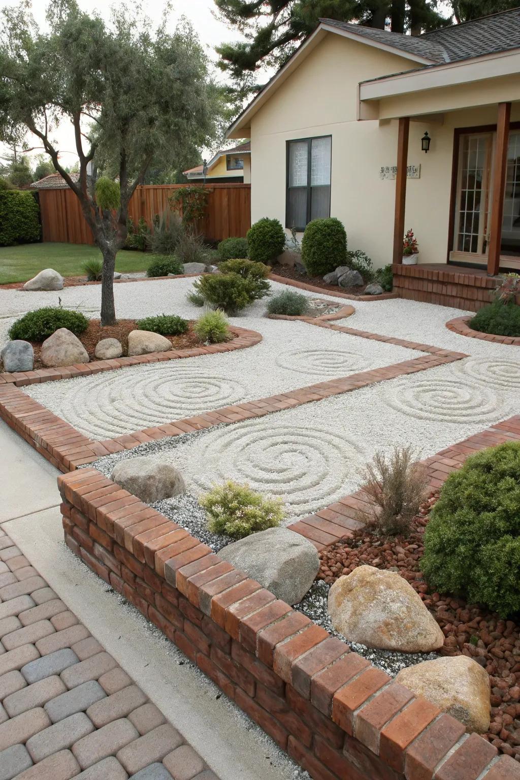 A stone Zen garden fosters tranquility and reflection.