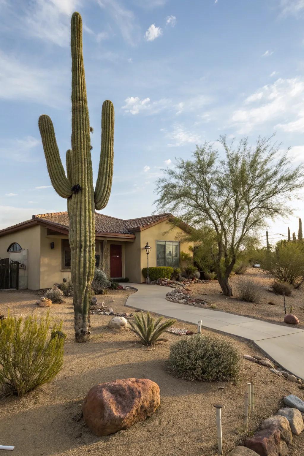 A towering saguaro serving as a garden centerpiece.