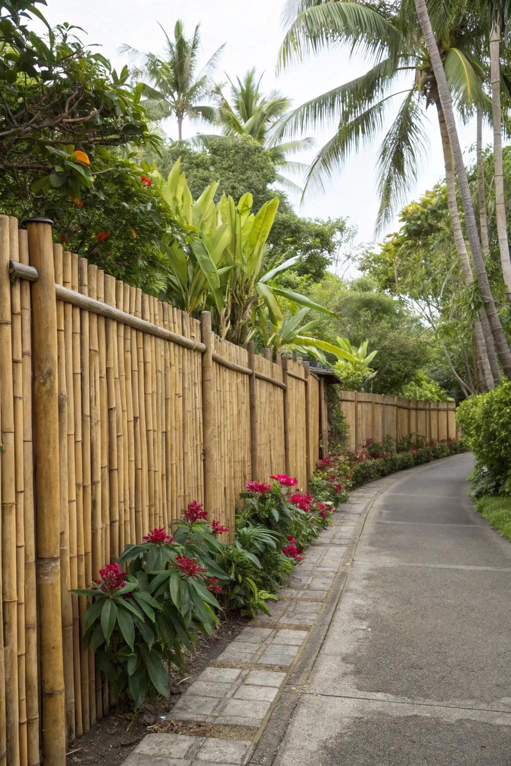 An exotic cane boundary introduces a hint of paradise to this serene driveway setting.