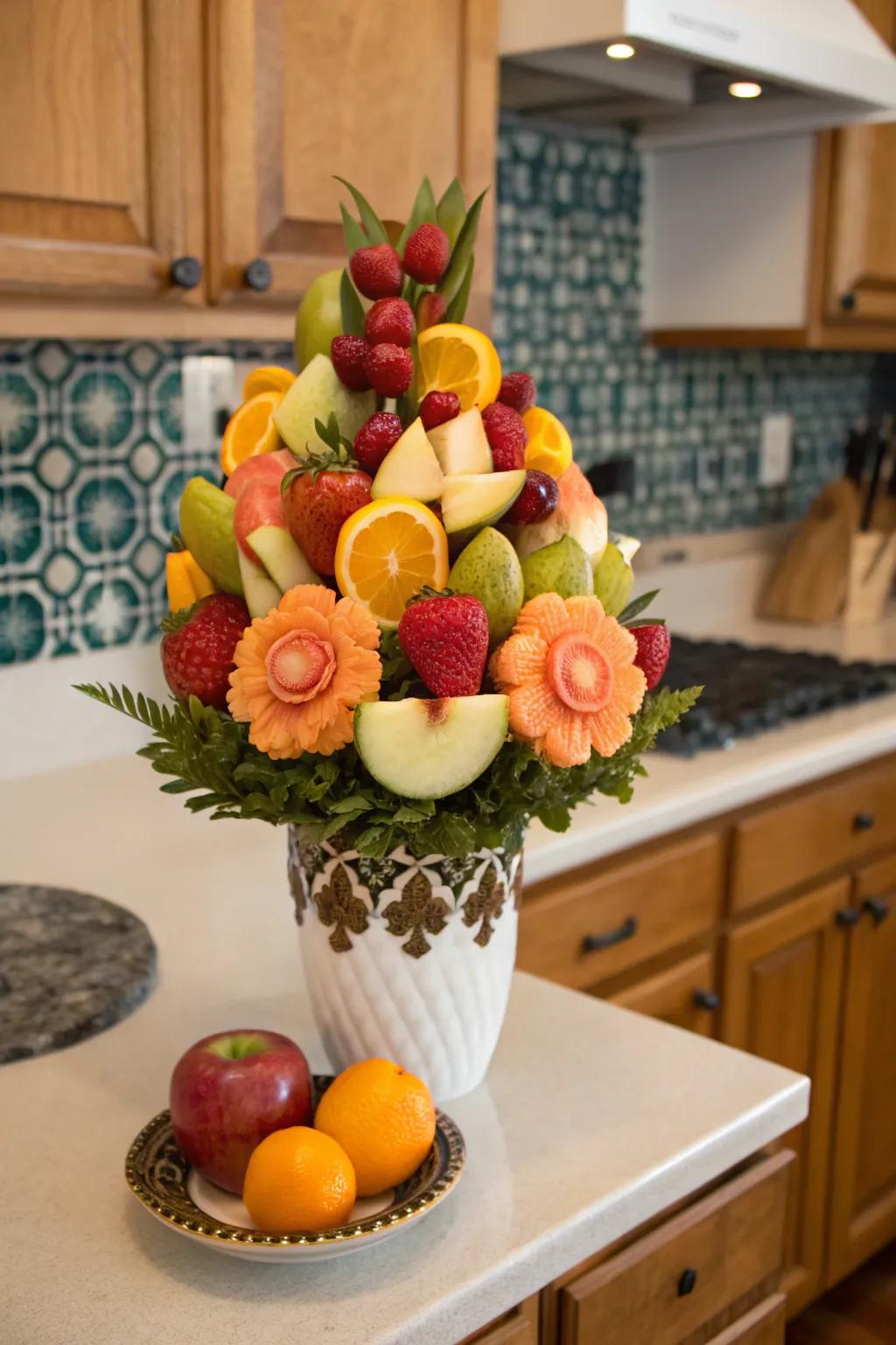 Fruit bundles styled as flowers make for an ingestible and graceful trimming.