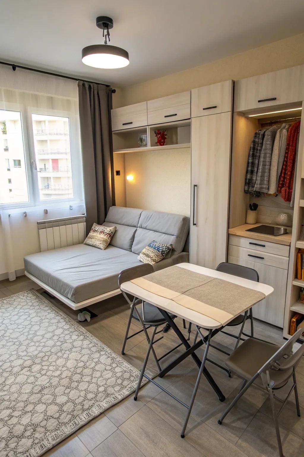 Functionality and space are maximized through convertible furniture.